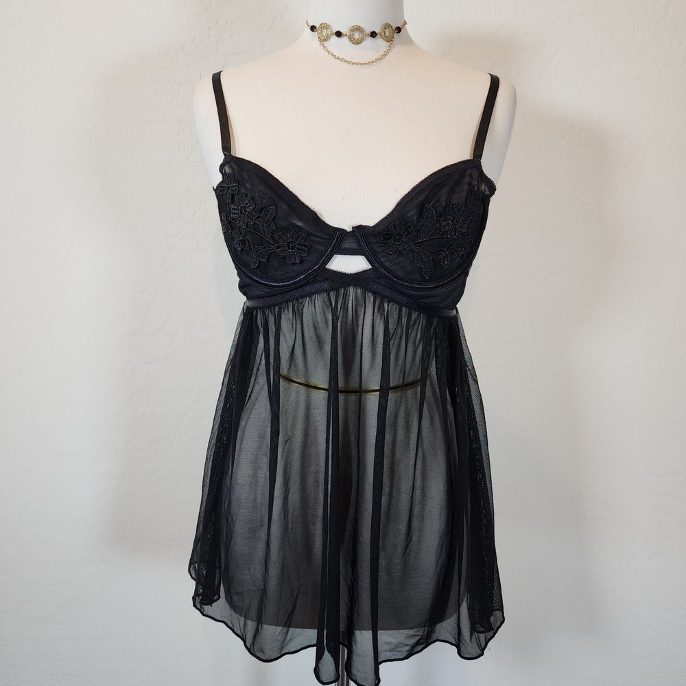 Rachel Roy Black Floral Embroidered Sheer Babydoll Lingerie Chemise L‎